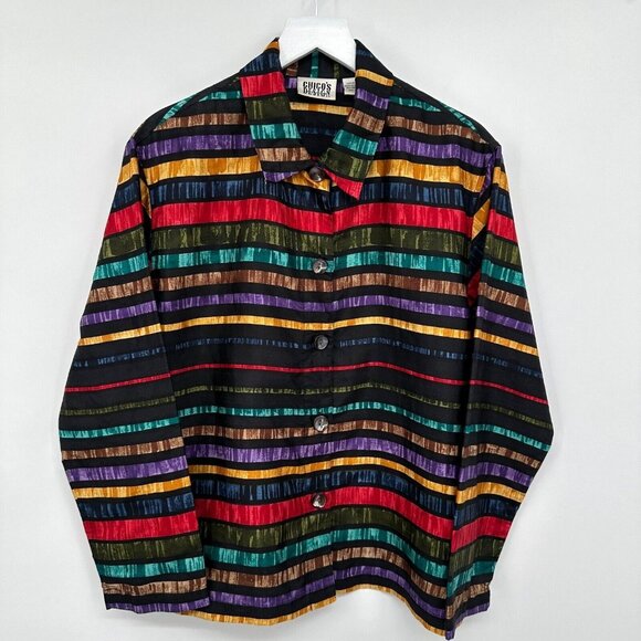 Vintage Chicos Design 100% Silk Top Shirt Shacket Size 1 US M 8 Patchwork Button - Picture 12 of 12